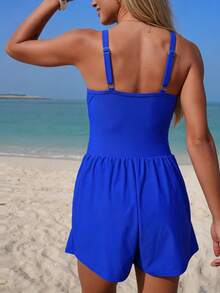 Traje baño 1 pieza nuevo, color liso, bolsillo, bikini deportivo conservador y cómodo.Ideal playa, piscina y vacaciones verano.Regalo perfecto San Valentín. - azul real - Ver 2