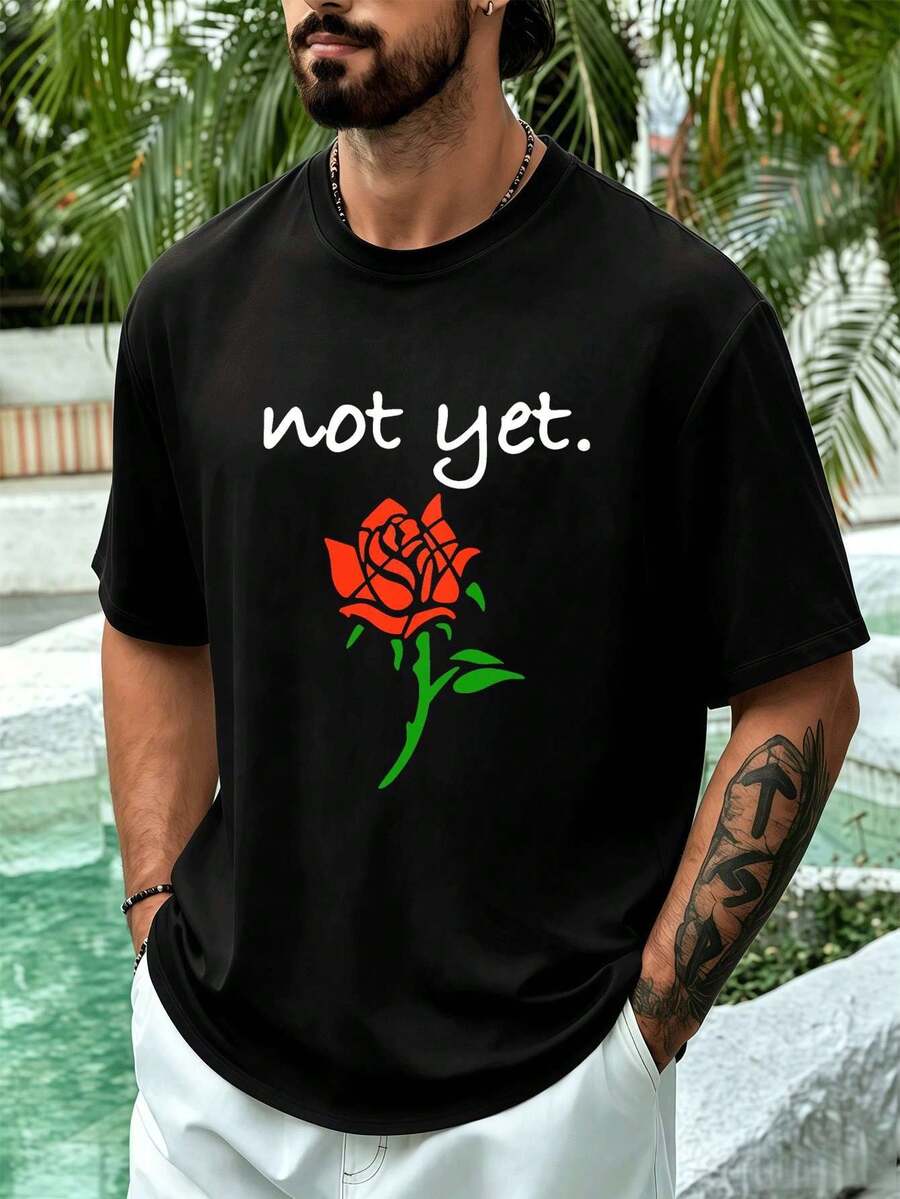 Schwarzes Herren-T-Shirt mit Rosenprint, ideal für den Frühling, Rundhalsausschnitt, lockere Passform, Hip-Hop-Streetstyle, bequem und mit tollem Print. - Schwarz - Übersicht 1
