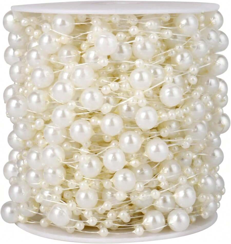 98FT Pearl Beads String Garland, 8mm 3mm Ivory Faux Pearl Beads Roll Strand Bulk Wedding Party Flower Decoration - White Star & Pearl - View 1