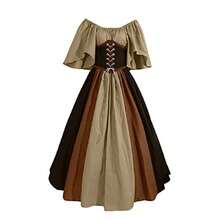 Vestido ajustado de estilo retro medieval con bloques de color, mangas con volantes y un dobladillo amplio, ideal para cosplay y actuaciones escénicas. - Caqui - Ver 8