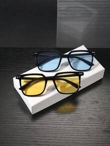 2 PCS Men's Classic Square Fashion Glasses Black Polycarbonate Frame Multicolor Lenses Casual Style Lightweight For Travel Outdoor With Glasses Box - Multicolor - View 13