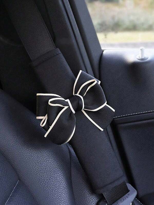 Black With White Edge Bow Car Shoulder Strap Pads (1/2pcs) | Summer Car Interior Decoration Shoulder Covers | Soft And Comfortable Car Shoulder Sleeves | Fashionable And Practical, Reduces Shoulder Pressure, Enhances Comfort And Protection, Car Accessories, Car Decoration, Women's Car Supplies, Car Supplies