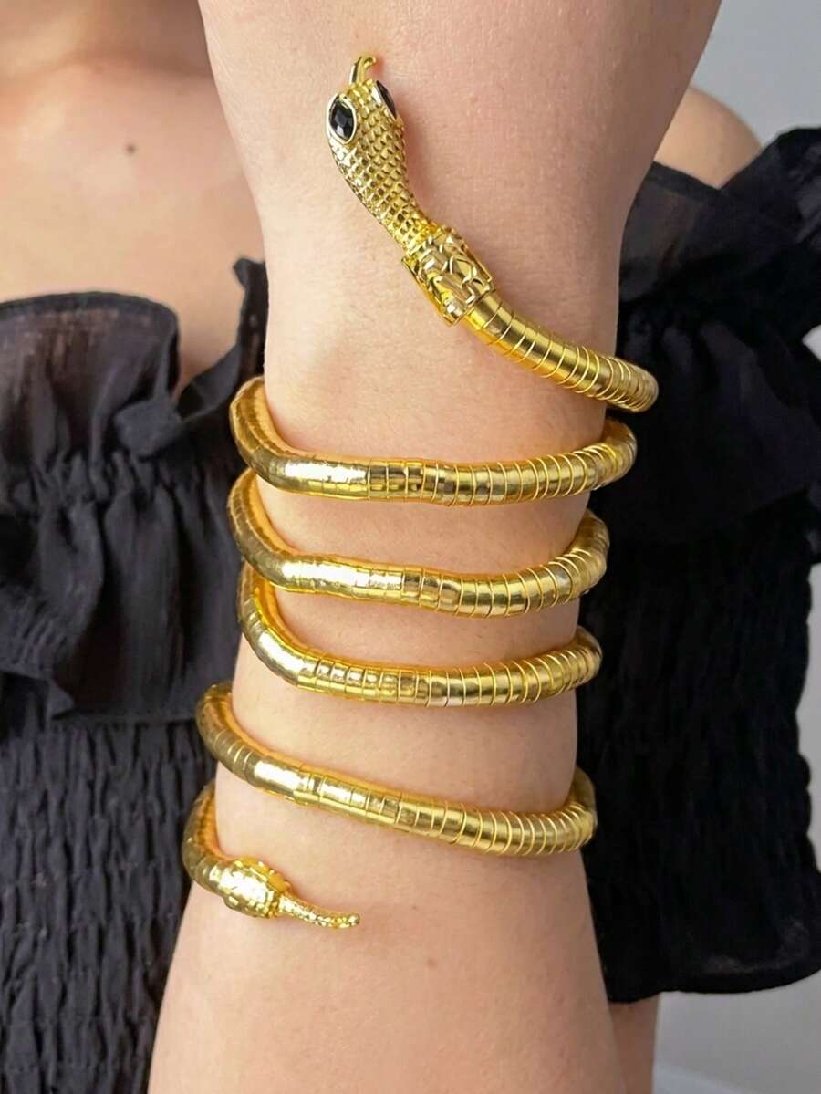 1pc Exaggerated Personalized Gold Snake-Shaped Coiled Spring Retractable Elastic Open Bangle, High-End Multi-Wear Party Collar Necklace, Niche Elegant Arm Cuff, Anklet, Foot Chain - Gold Snake Bracelet - View 1