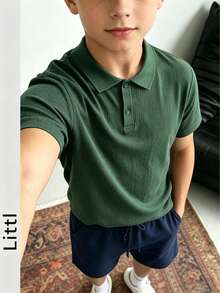 Teen Boys Minimalist Vertical Striped Knit Polo Shirt, Elastic Soft Versatile Daily Short Sleeve Knit Top - Green - View 2