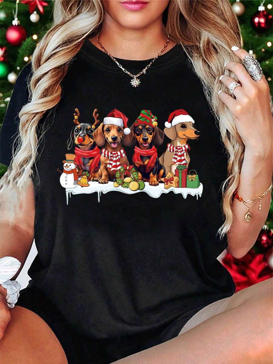 T-Shirt With A Graphic Print Of Cute Puppies Celebrating Christmas, Short Sleeves And Round Neck, Casual Top For Summer And Spring, Women's Clothing - 黑色 - 查看 1