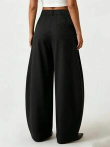 Beltless Solid Color Fabric Pleated Decor Casual Loose Avant-Garde Curved Leg Pants - Black - View 8