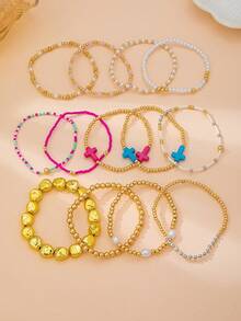 13pcs/Set Multi-Color Cross Colorful Dopamine Layered Beaded Bracelets, Sweet & Versatile, Suitable For Women's Daily/Vacation/Date Wear - Multicolor - View 6