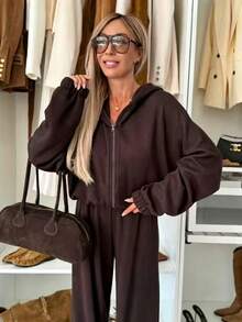 Casual Solid Color Hooded Loose Fit Versatile Comfortable Daily Wear Zip-Up Dark Brown 2 Pieces Set Elegant - Brown - View 1