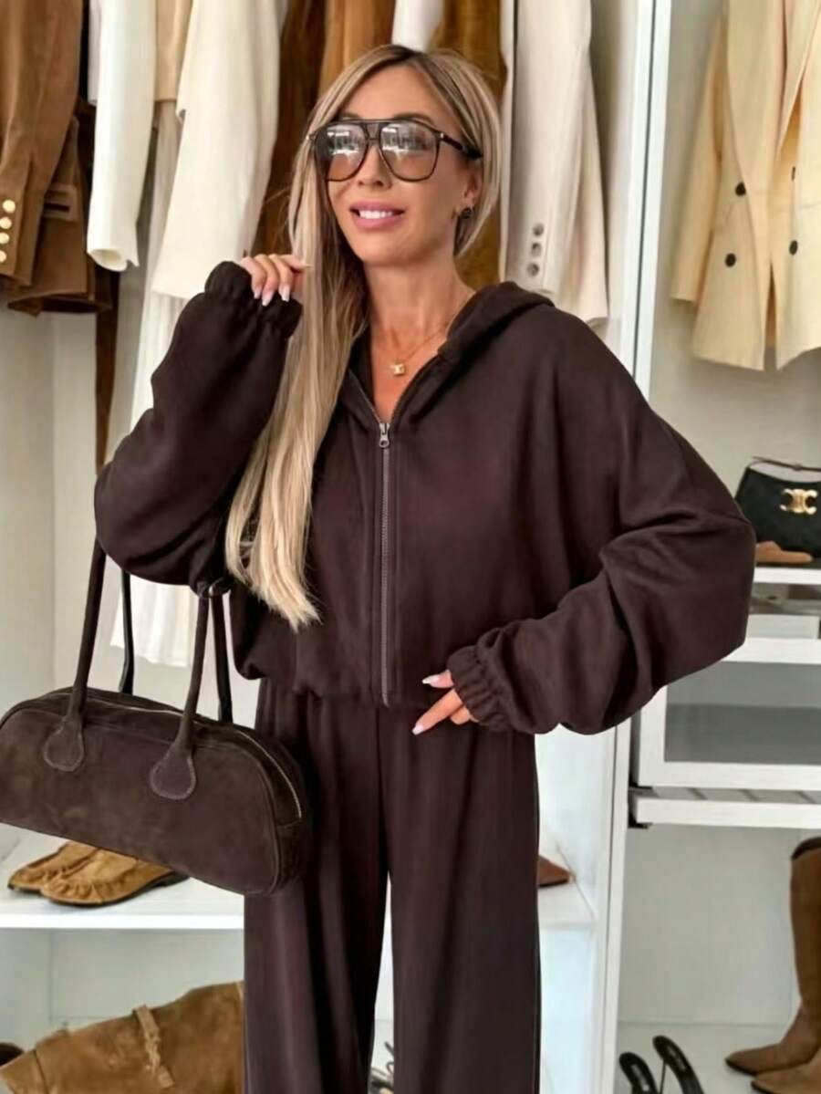 Casual Solid Color Hooded Loose Fit Versatile Comfortable Daily Wear Zip-Up Dark Brown 2 Pieces Set Elegant - Brown - View 1