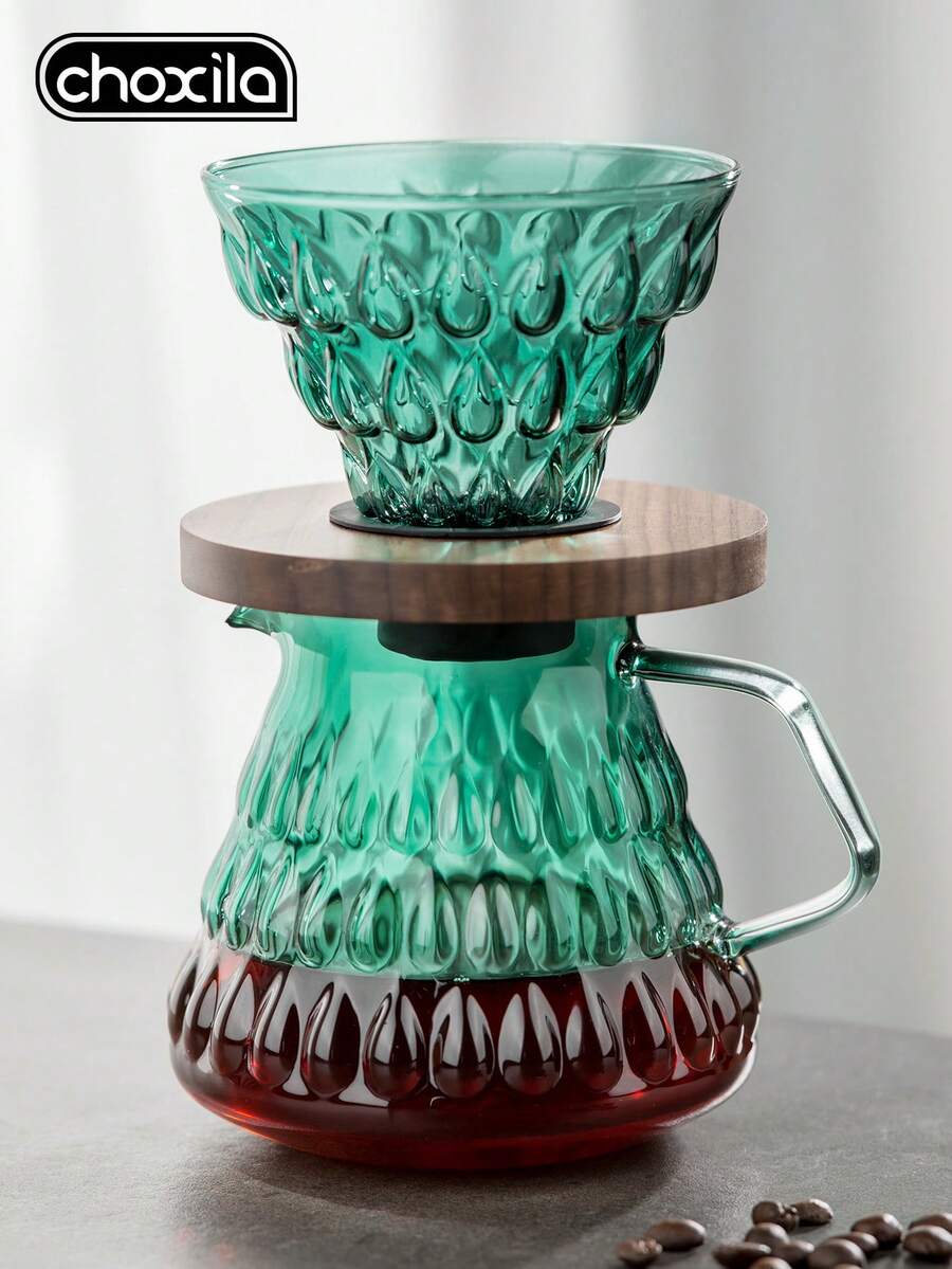 choxila 1pc Gradient Color Glass Pour Over Coffee Pot, 700ml Glass Sharing Coffee Pot With Glass Coffee Filter And Wooden Base, Home Or Office Coffee Pot Set - Green Gradient Sharing Pot - View 1