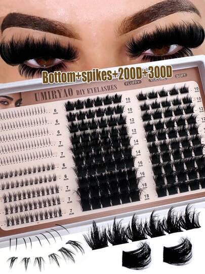 رموش صناعية كثيفة بتصميم Spikes+Bottom، مجموعات رموش منفصلة 4 في 1 مع رموش سفلية، إضافات رموش كثيفة بتجعيد D/DD، 270 قطعة/320 قطعة/350 قطعة، طول 6-18 ملم، 3D Cosplay، 300D/200D/160D/100D/60D