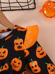 Halloween Girls Pumpkin Pattern Long Sleeve Mesh Dress Little Girls Holiday Party Princess Dress - Orange - View 5