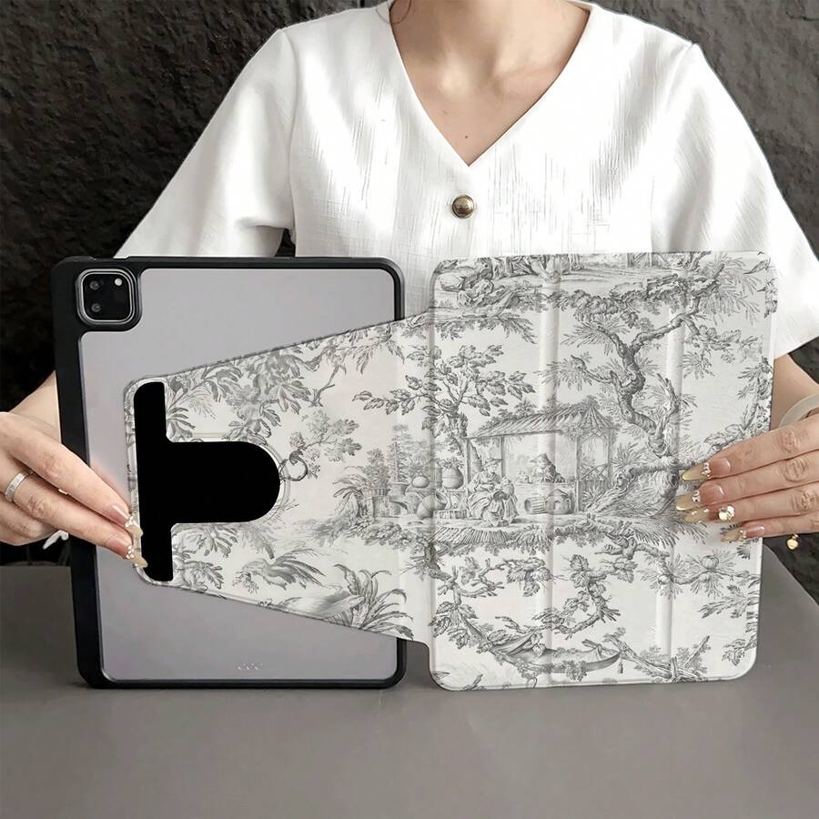 灰白法式 Toile De Jouy 鄉村風景線條圖案 360°旋轉平板保護殼,附筆槽,相容 iPad 11(A16 2025)、小米 5/5PRO/6/6PRO/7/7PRO、華為 MatePad、榮耀 Pad,支援自動睡眠/喚醒功能 - 彩色 - 查看 1