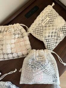1個杏色復古蕾絲刺繡便攜抽繩小收納袋，旅行收納袋、旅行珠寶收納袋、化妝包、零錢包 - 彩色 - 查看 2