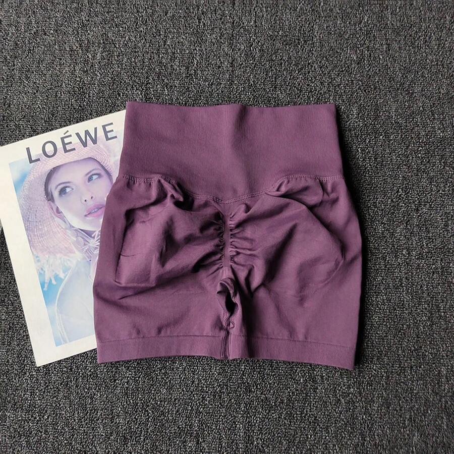 Peach Yoga Shorts For Girls, High Waisted Crisscross Shorts, Snap Knit, Running, Sports, Elastic, Tummy Lift, Butt-Skimming Shorts - MeiZi - 查看 1