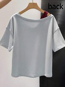 White One Shoulder Short Sleeve T-Shirt Women, Women's One Shoulder Slimming Daily Commute Versatile Base Layer Casual Summer - Light Grey - View 3