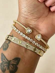/piezas de pulsera de acero inoxidable chapada en oro de con corazóde diamantes de imitació, brazalete abierto con incrustaciones de cobre y circonita artificial, conjunto de pulse - Oro 7 - Ver 7