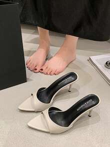 Sandali Mule con tacco a spillo beige, punta affusolata, cinturino singolo, stile europeo sexy, scarpe da donna con tacco alto - Beige - Visualizzare 5