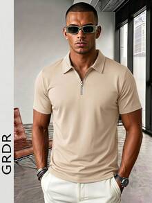 GRDR Men's Solid Color Short Sleeve Zipper Design Casual Versatile T-Shirt - Apricot - View 4