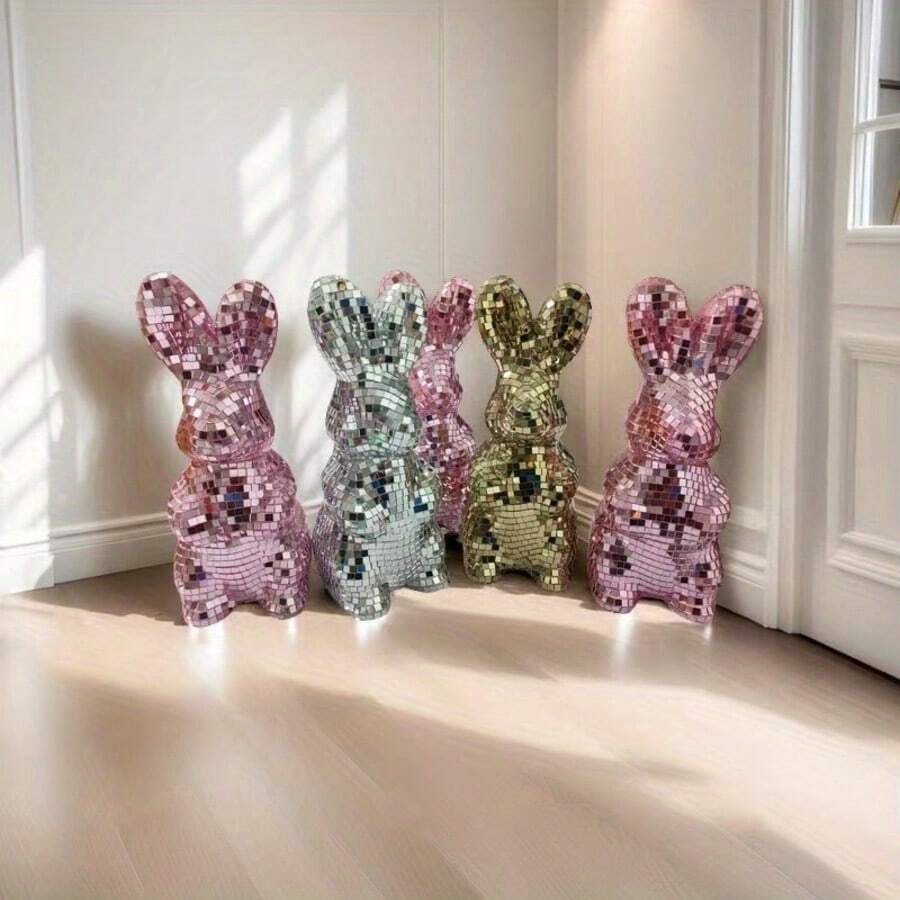 Disco Mirror Rabbit Decor Mosaic Reflective Rabbit Sculpture, Aesthetic Desktop Decoration, Suitable For Living Room, Easter Party, Home Decor - Rabbit Figurine - View 1