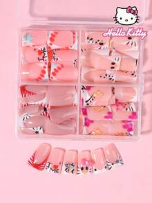 Sanrio Hello Kitty 96片（4款混色）中號鴨形豹紋法式穿戴甲，附可愛3D Hello Kitty、蝴蝶結、星星、愛心與花朵設計，完美貼合假指甲套組，適合女性與女孩日常及派對使用 - 彩色 - 查看 5