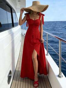 Holidaya Vestido de mujer de unicolor con cuello de corazón, sin mangas, con botones delanteros y abertura - amarillo ganso - Ver 5