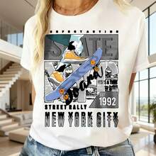 Mujer, Estilo Urbano, Diseño de Skateboard y Graffiti, Camiseta de Manga Corta, Cuello Redondo, para Verano y Uso Diario - Blanco - Ver 1