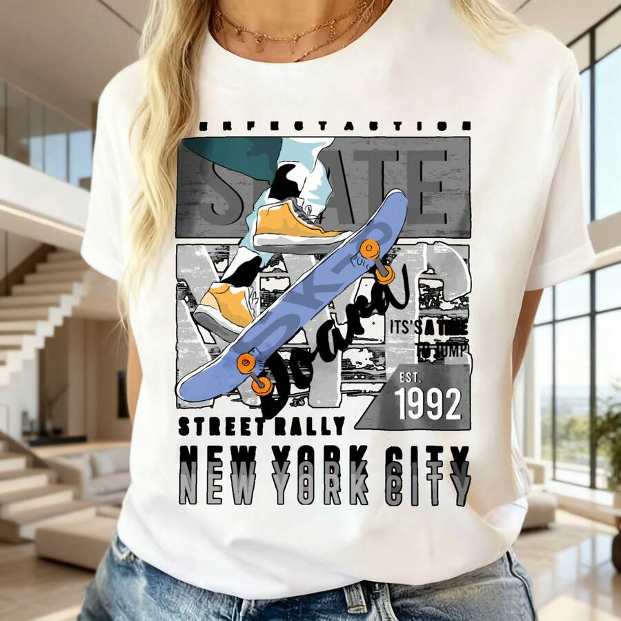 Mujer, Estilo Urbano, Diseño de Skateboard y Graffiti, Camiseta de Manga Corta, Cuello Redondo, para Verano y Uso Diario - Blanco - Ver 1