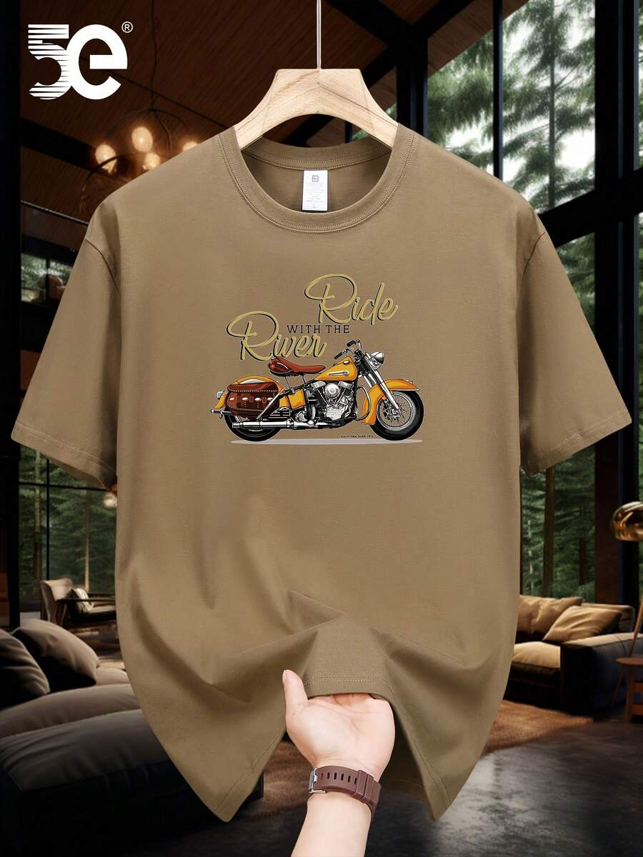 [Tion] 5E Brand Loose Fit Printed T-Shirt, 100% Cotton, Heavyweight, New, Pure Cotton, Short Sleeve, Summer, Loose Round Neck, Fashion T-Shirt For Men - 灰色 - 查看 1