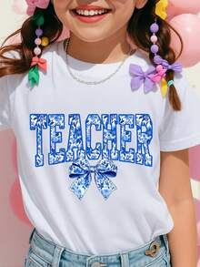 Boys' And Girls' T-Shirt With "Teacher" Text Print And Blue Floral Watercolor Bow, Casual Top For Everyday Wear And Back To School, Children's Clothing - 白色 - 查看 2