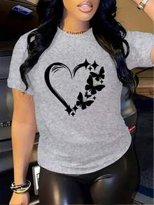 [Diseño Especial]Camiseta con estampado de corazón y mariposa, de manga corta y cuello redondo, estilo casual para verano y primavera, ropa de mujer. PQAN - Verde - Ver 11