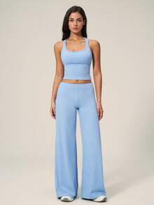 TimeOff 1 pièce Pantalon large fluide de couleur unie pour femmes - Bleu azur - Voir 7