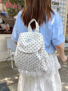 Nueva mochila con cordón, encaje de lunares y ribete de volantes para mujer, mochila escolar, mochila pequeña de viaje - Blanco - Ver 9