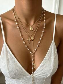 4pcs Y-Shaped Necklace Multi-Layered Stackable Fashion Minimalist Elegant Exquisite Vintage Design Geometric Faux Pearl Cross Round Embossed Texture Minimalist Plain Chain Metal Style Tassel Pendant Multi-Layer Necklace Set Y-Shaped Necklace Holiday Vacation Party Date Gift Daily Commute Wear Personalized - Yellow Gold - View 4