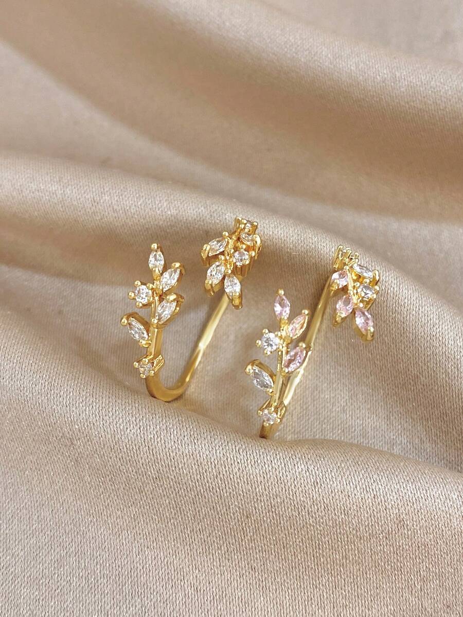 18k Gold Plated Stainless Steel, Double Leaf Rhinestone Gold Ring, Stainless Steel Ring, Women's Ring, Jewelry Set, High Quality Luxury Jewelry, Adjustable Ring, Gold Plated Ring, Suitable For Daily, Dating, Party, Holiday Season, Back To School Season, Summer Jewelry, Beach Jewelry, Women's Beach Accessories, Birthday Gift, Girlfriend Gift, Mother Gift, Bohemian Jewelry - Multicolor - View 1