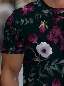 Men's Short Sleeve T-Shirt With Full Body Floral Print - Lightweight And Breathable Polyester Casual Top With Crew Neck, Dark Base And Pink/White Flowers - 黑色 - 查看 4