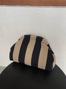 Bolso de mano de punto para mujer, diseño de rayas de bloques de color, gran capacidad, estilo clásico vintage con cierre de broche, adecuado para vacaciones y viajes - Multicolor - Ver 3