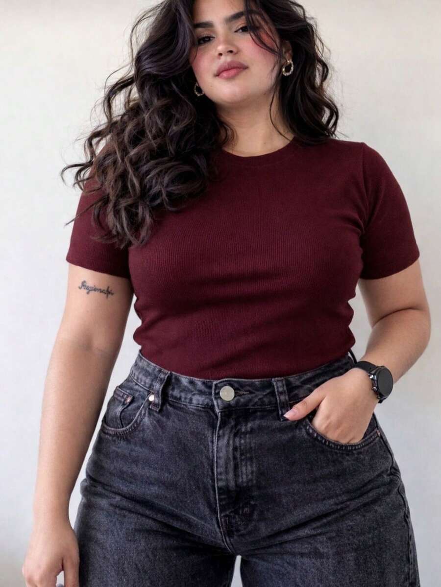 Basic T-Shirt With Round Neck, Short Sleeves, Ribbed Knit, Premium Style, Casual Everyday Wear, Comfortable, Plus Size 012 - Redwood - View 1