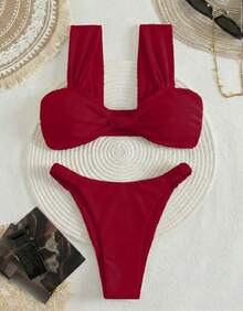Women's Bikini With Thick Straps, Ruched Detail, High-Cut Bottom, Beachwear, Summer Style - Rojo - Ver 4