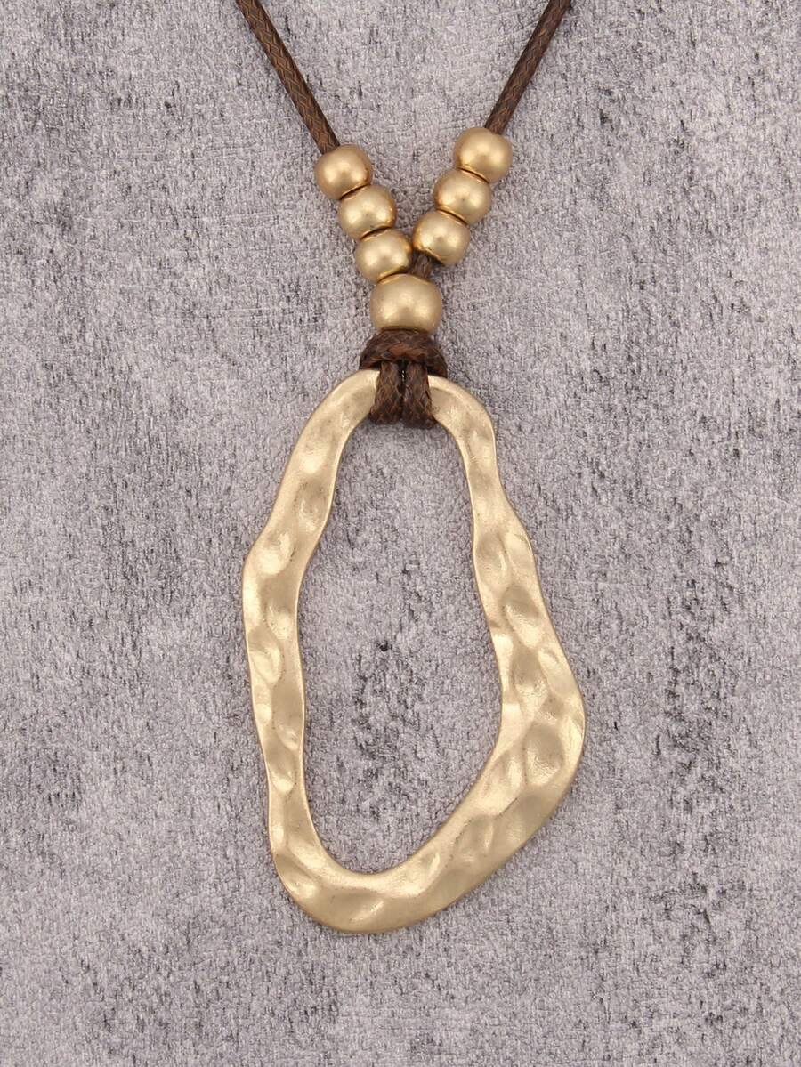 1pc Bohemian Short Collarbone Chain Necklace, Vintage Distressed Hammered Asymmetrical Geometric Hollow Water Drop Pendant Necklace, Double Row Round Bead Wax Cord Necklace, Casual Versatile Sweater Chain, Gift For Girlfriend, Best Friend, Boyfriend, Mother - Short - View 1