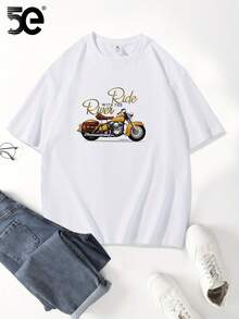 [Tion] 5E Brand Loose Fit Printed T-Shirt, 100% Cotton, Heavyweight, New, Pure Cotton, Short Sleeve, Summer, Loose Round Neck, Fashion T-Shirt For Men - 白色 - 查看 3