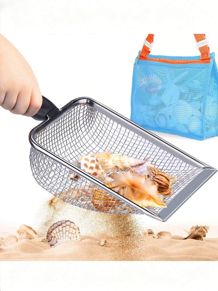Stainless Steel Beach Sifter With Multi-Function Mesh Filter Garden Soil Sieve 1pc - Garden Sand Compost Sifter With Handle - Garden Sieve, Beach Mesh Shovel, Filter Sand Shovel For Picking Up Shells, Shark Teeth Sifter, Perfect For Sand, Rocks, Dirt, Compost - Ideal For Gardening Use - B - View 1