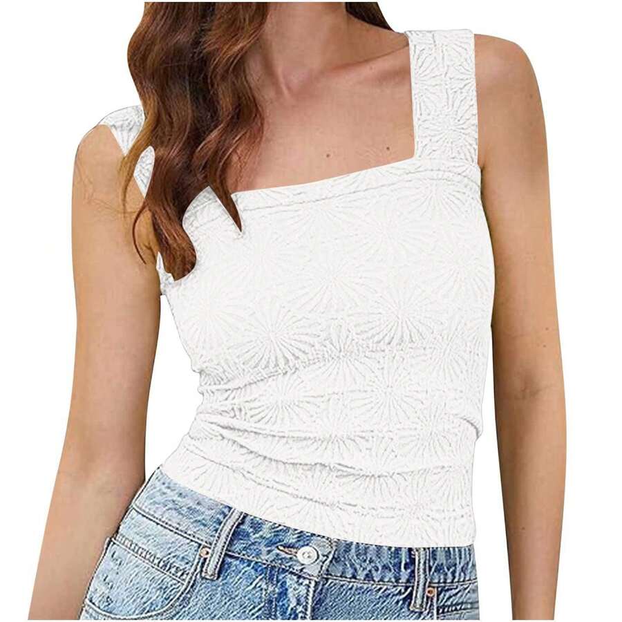 Women's Sleeveless Square Neck Jacquard Elastic Top Summer 2026 European-American - White - View 1