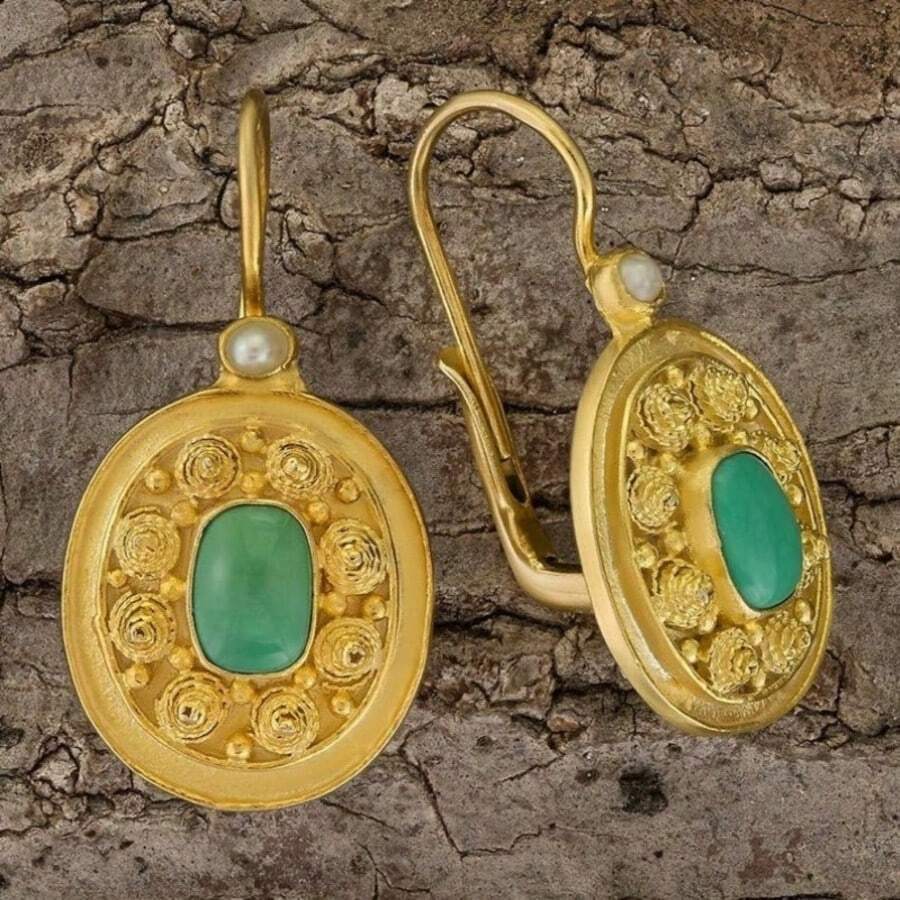 Vintage Copper Handmade Carved Earrings, Inlaid With Faux Turquoise, Women's Bohemian Style Ear Jewelry - Gold - View 1