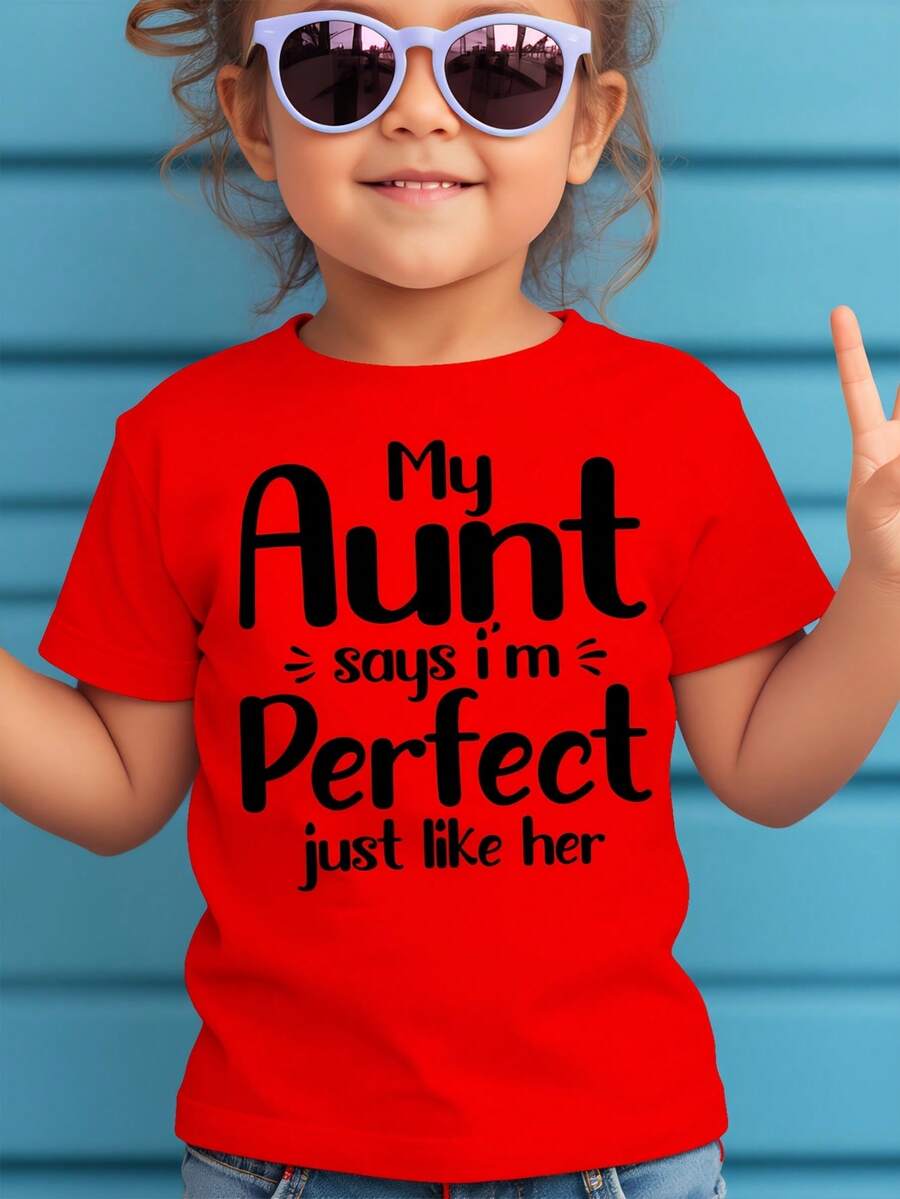 Girl's T-Shirt With Letter Print, Creative, Novel And Fashionable. - 紅色 - 查看 1