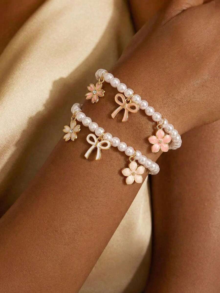 1pc/2pcs Kids Pearl Beaded Oil Drop Flower Bow Bracelet Set, Suitable For Kids Daily Decoration - Multicolor - View 1