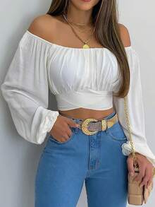 Elegant Women's Blouse With Bohemian Print, Short Loose Lantern Sleeves, Off-Shoulder, For Summer - Tryck Vit - Visa 6