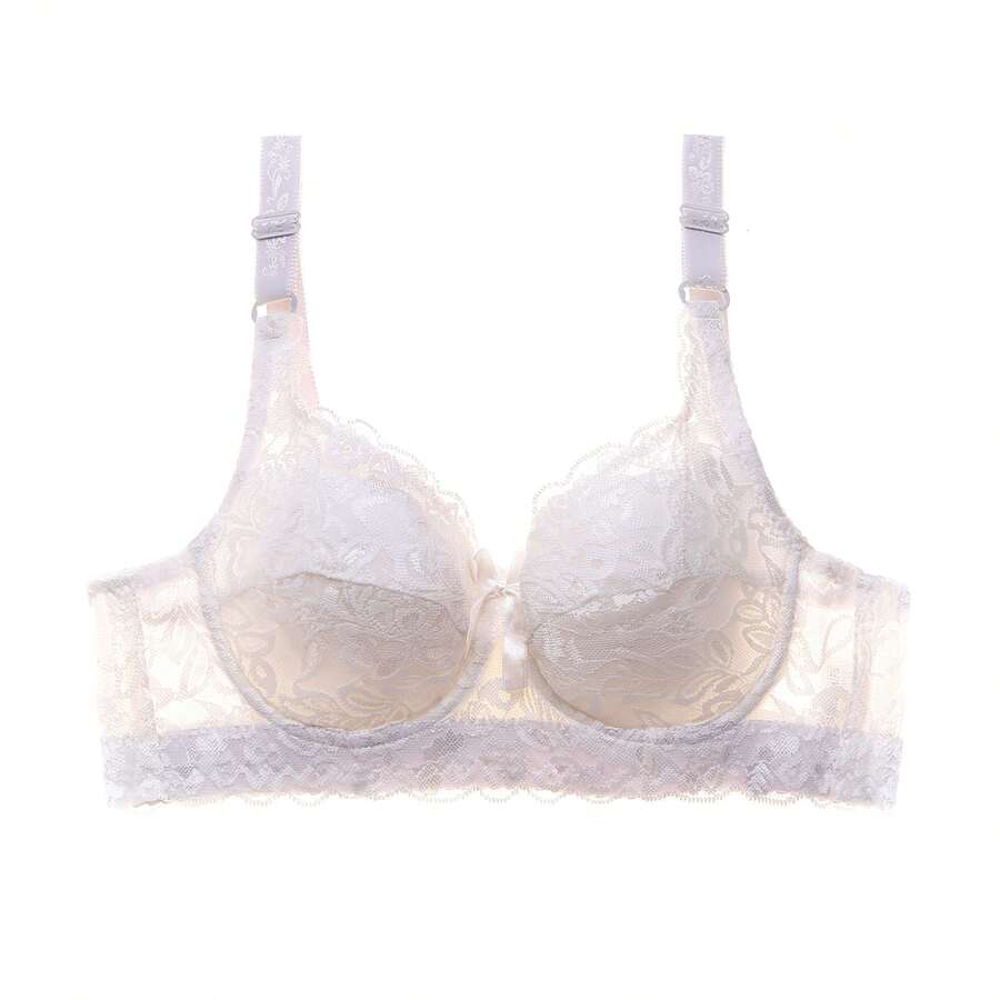 Plus Size Bra, Fine Cotton, Lace, Underwire, Push-Up, Adjustable, Side Support, Women's - 白色 - 查看 1