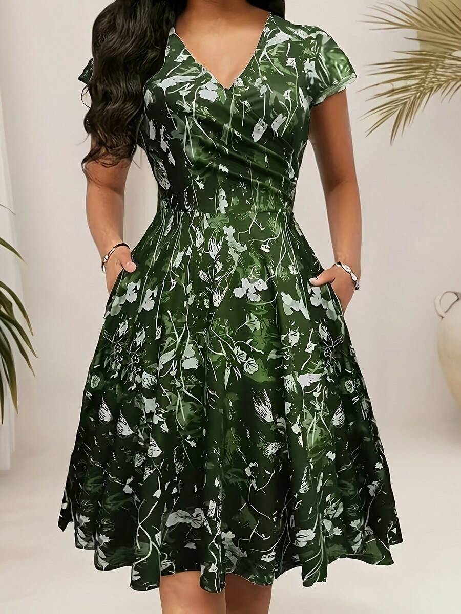 Midi Dress With Pocket And V-Neck, Elegant Floral Print For Spring, Summer And Autumn - 綠色的 - 查看 1