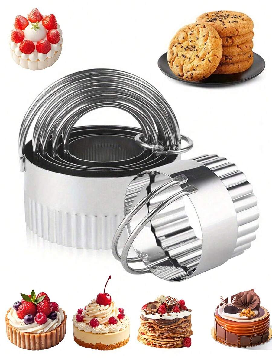 5pcs Stainless Steel Wavy Round Cookie Cutter Set, With Comfortable Handles, Professional Dough Cutting Tools For Home Baking